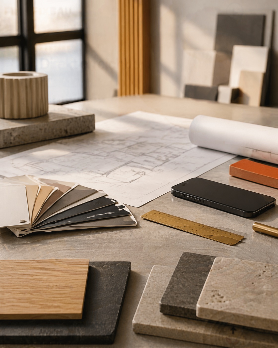 Premium Bauvermittlung mit Materialmustern und Planungsdetails